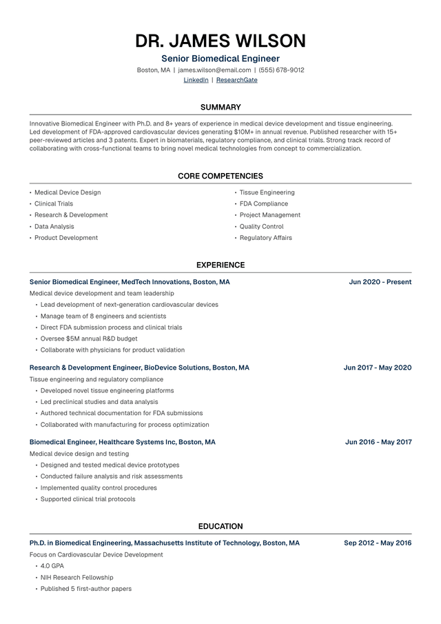 🔬 Biomedical Engineer Resume Template Example
