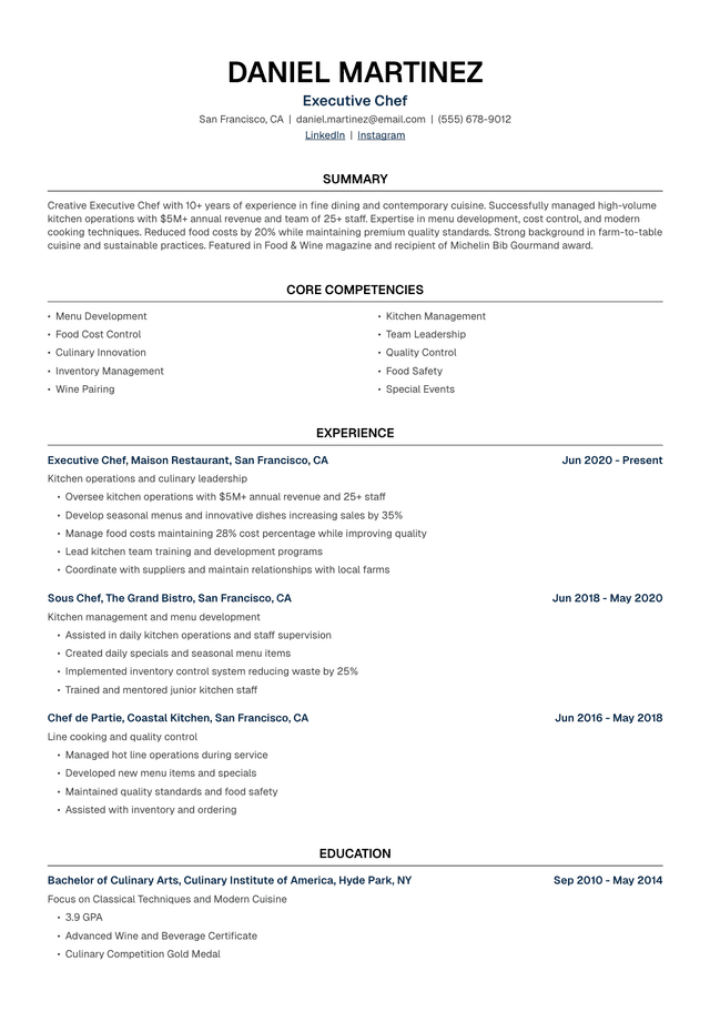 👨‍🍳 Chef Resume Template Example