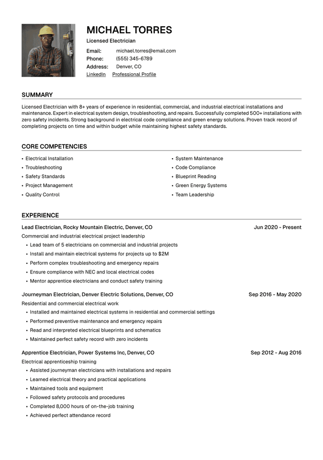 ⚡ Electrician Resume Template Example