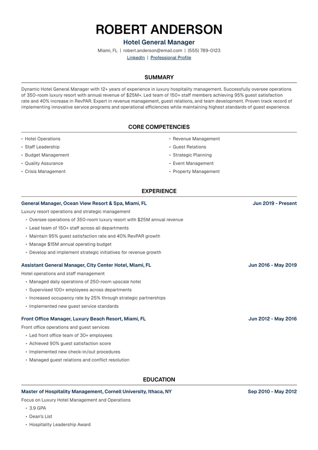 🏨 Hotel Manager Resume Template Example