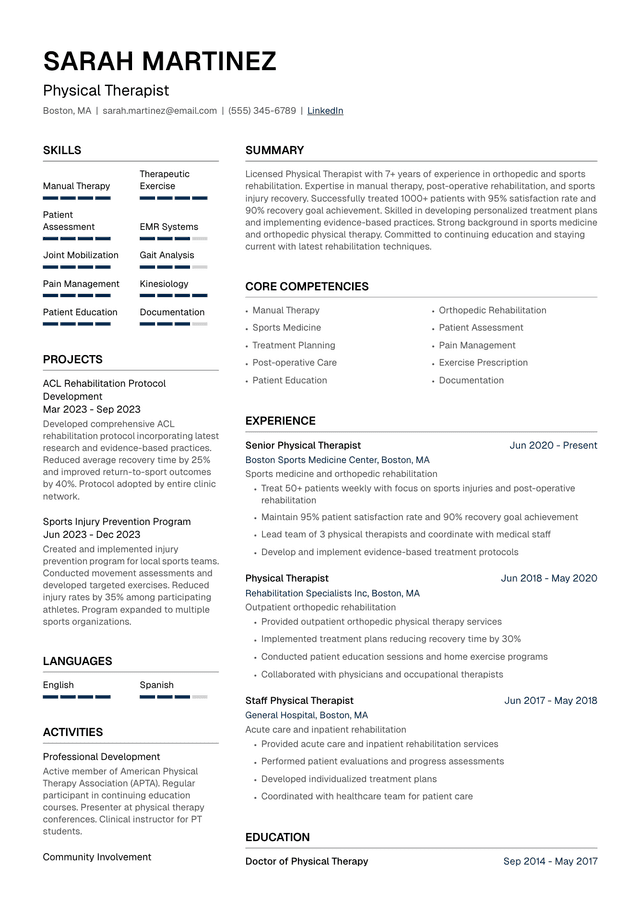 🏥 Physical Therapist Resume Template Example