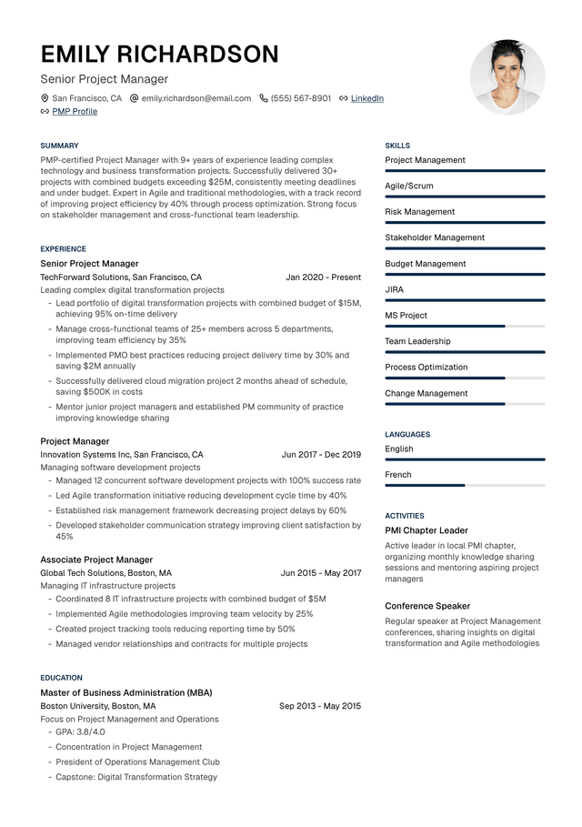 📋 Project Manager Resume Template Example