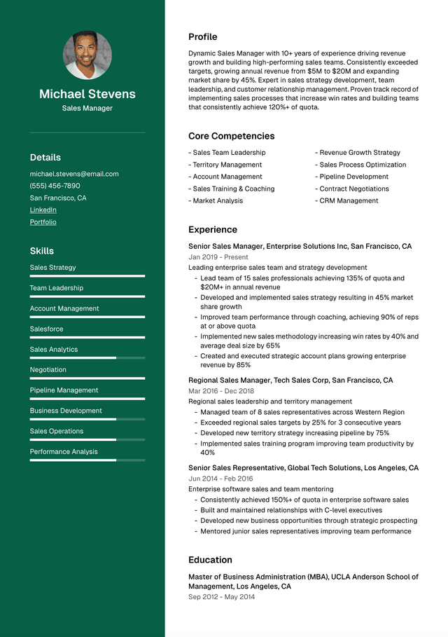 💼 Sales Manager Resume Template Example