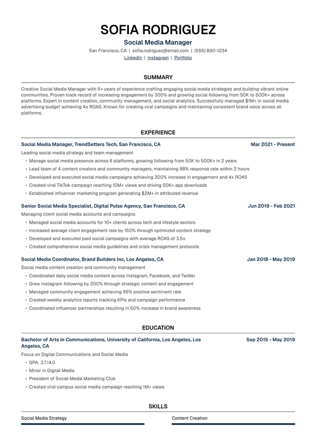📱 Social Media Manager Resume Template Example