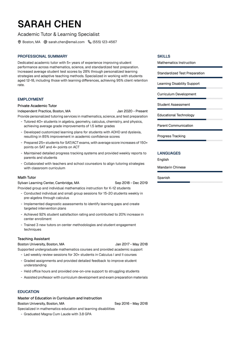 Tutor resume example