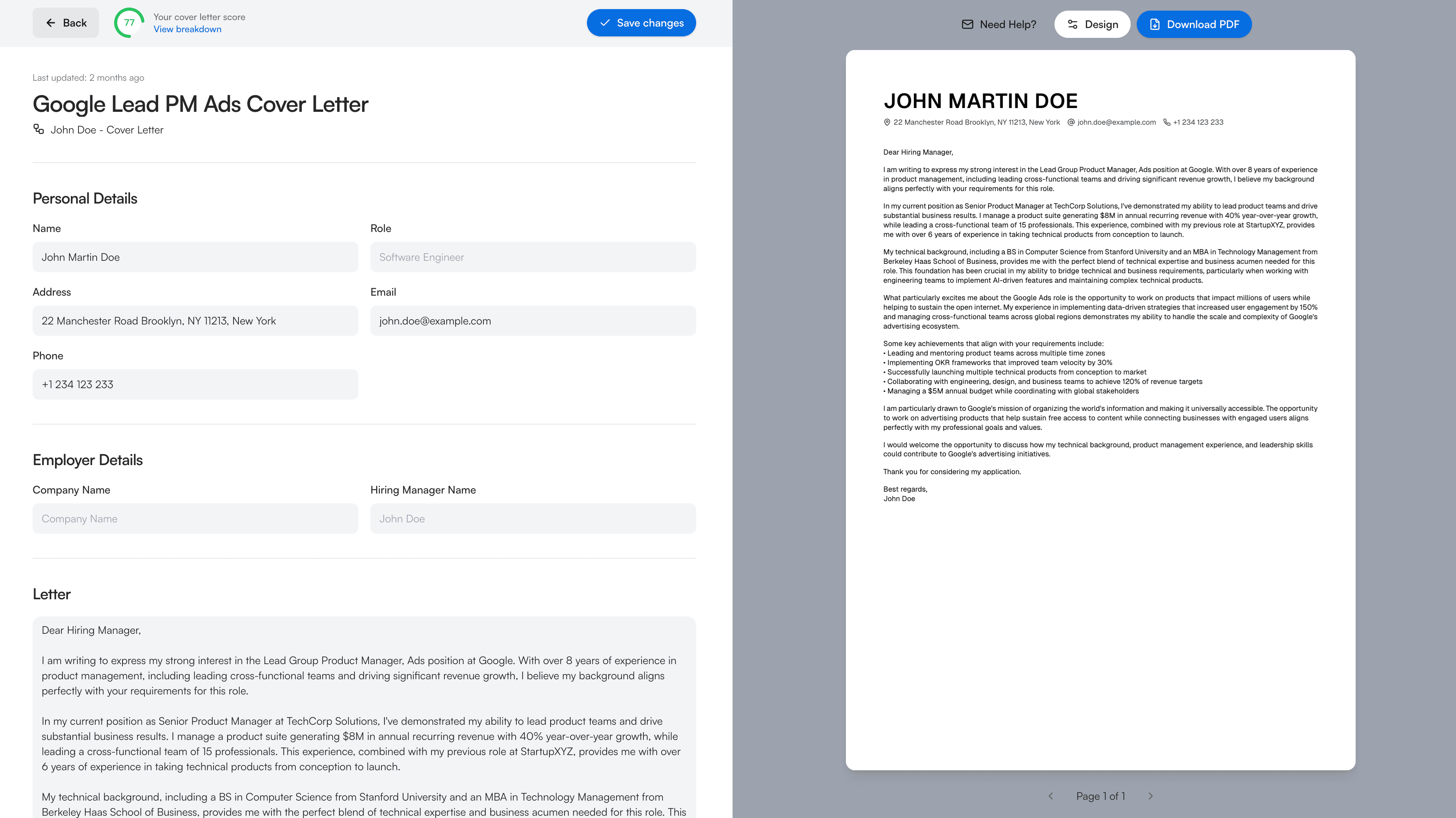AI cover letter builder interface showing personalized letter generation