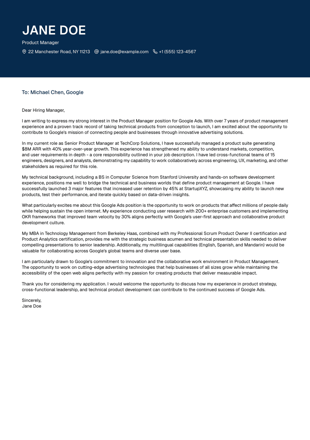 Lettera di presentazione esempio