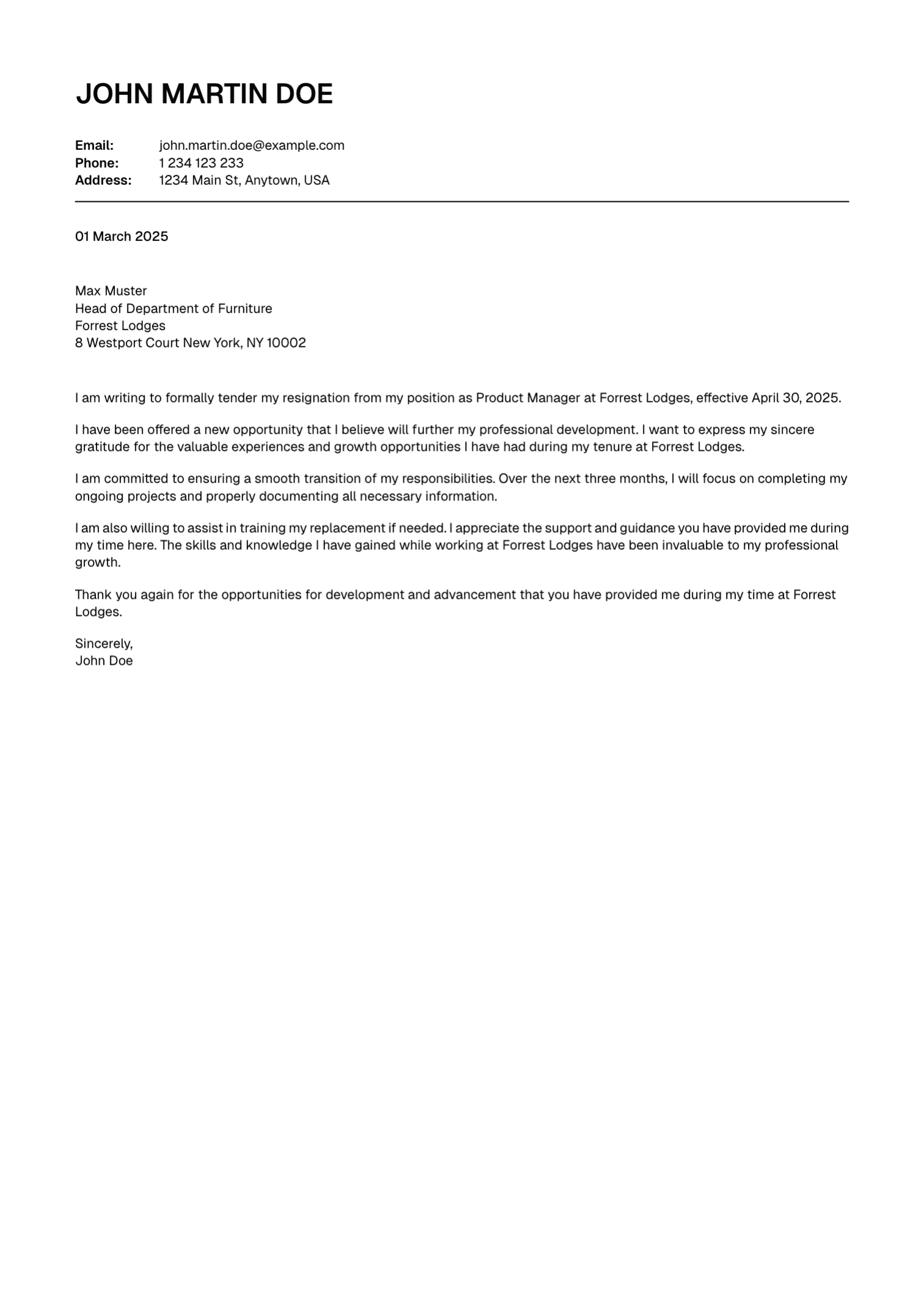 Classic resignation letter template preview