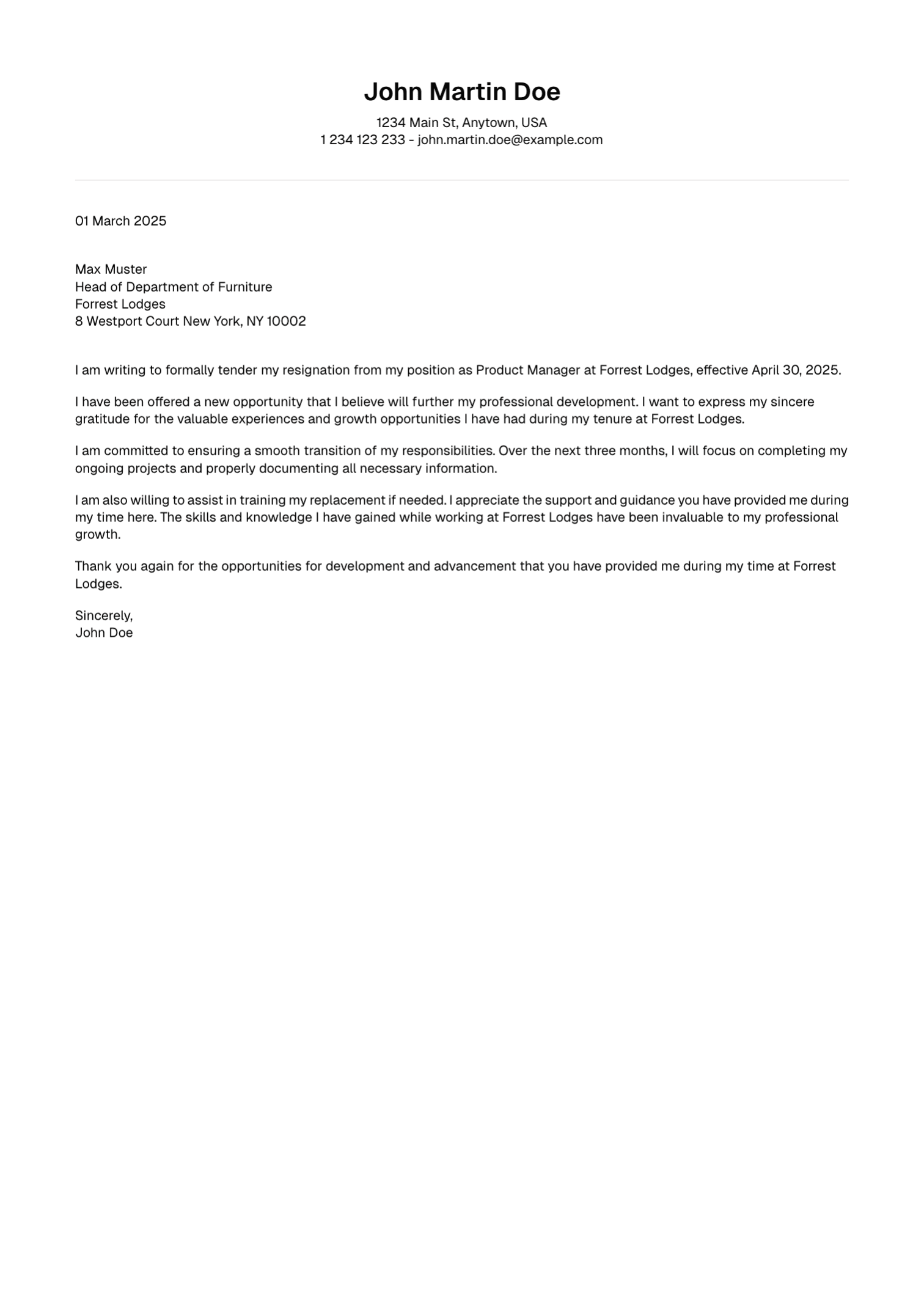 Default resignation letter template preview