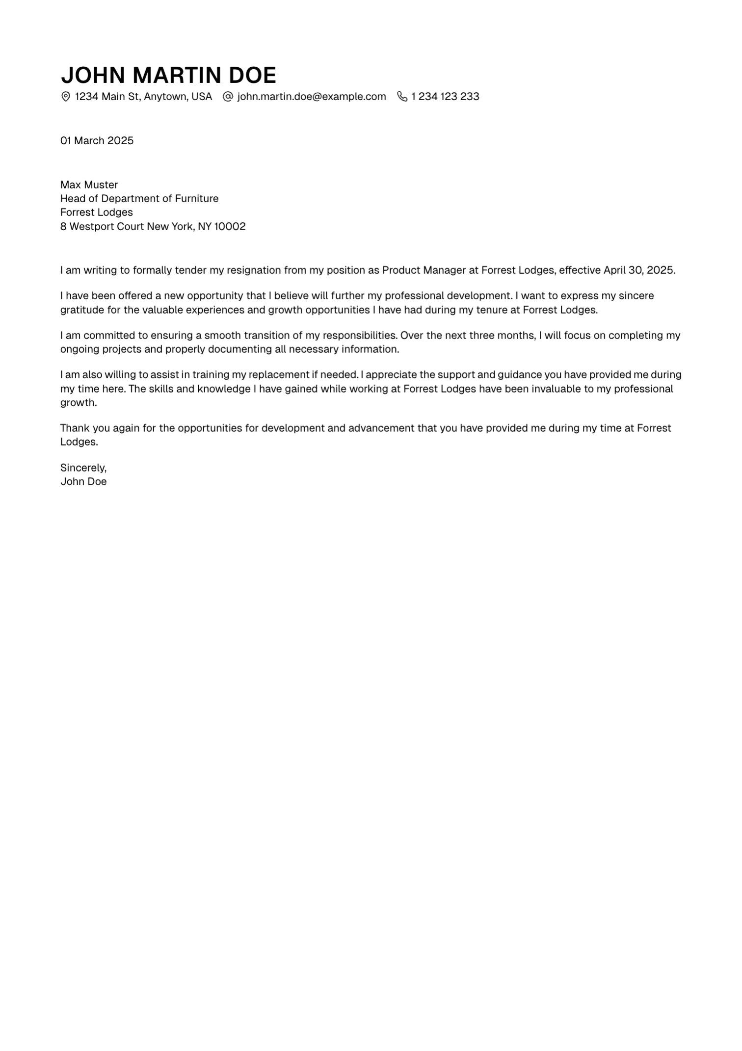 Zenith resignation letter template preview