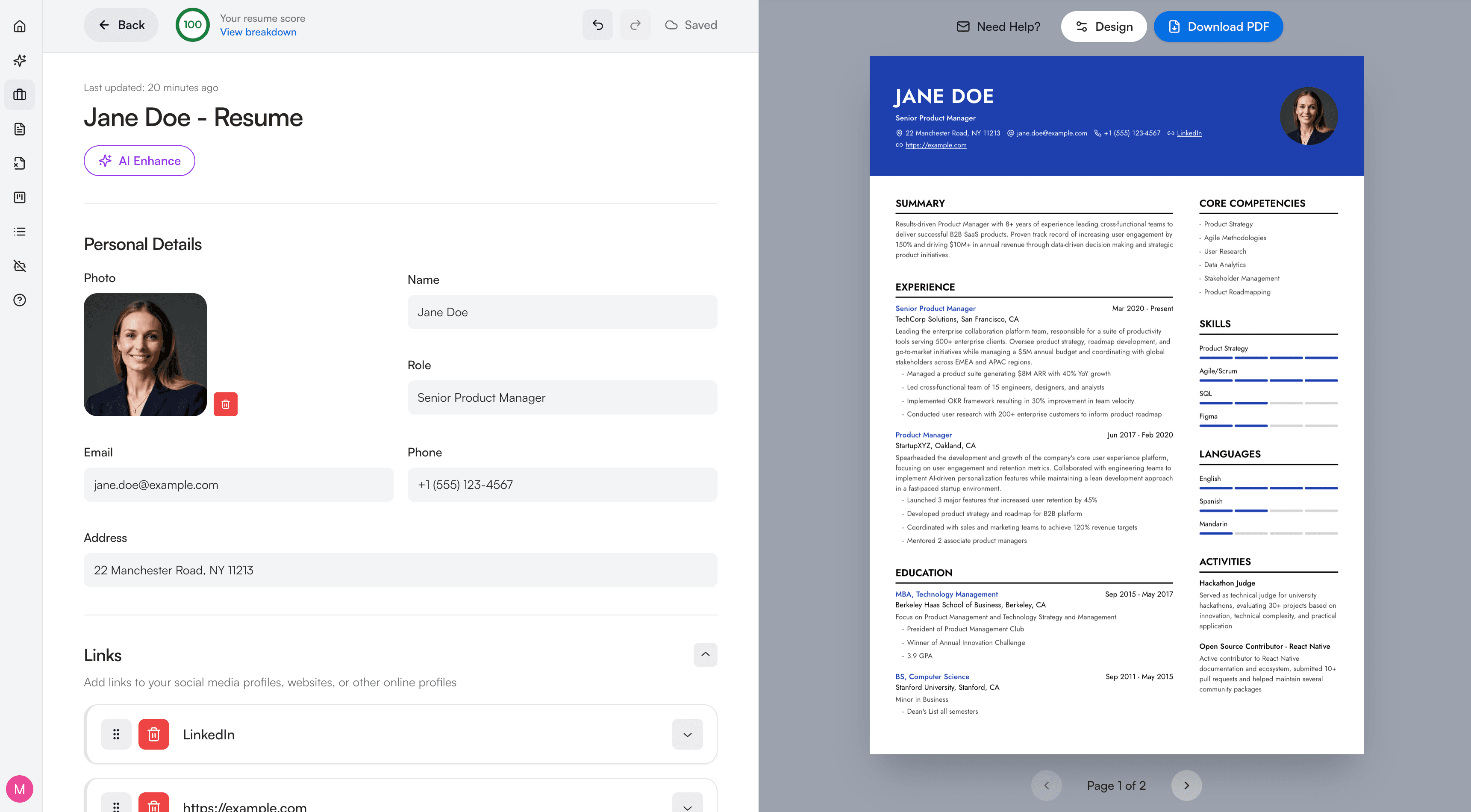 Creative resume builder interface showing professional template customization