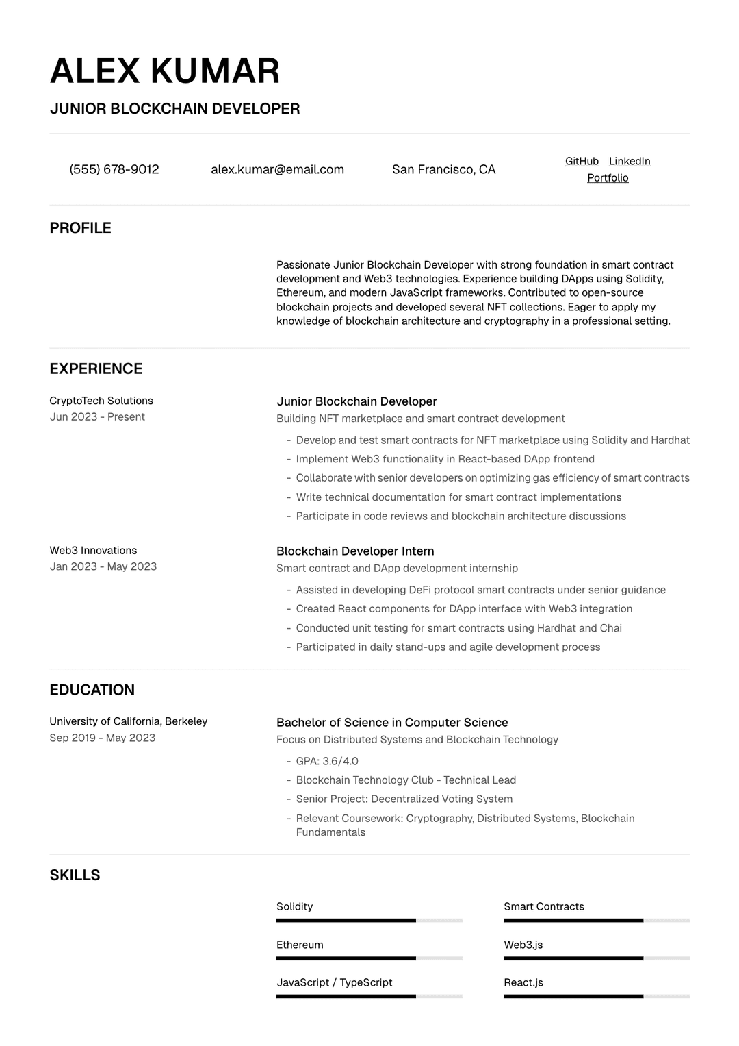 ⛓️ Blockchain Developer Resume Template Example