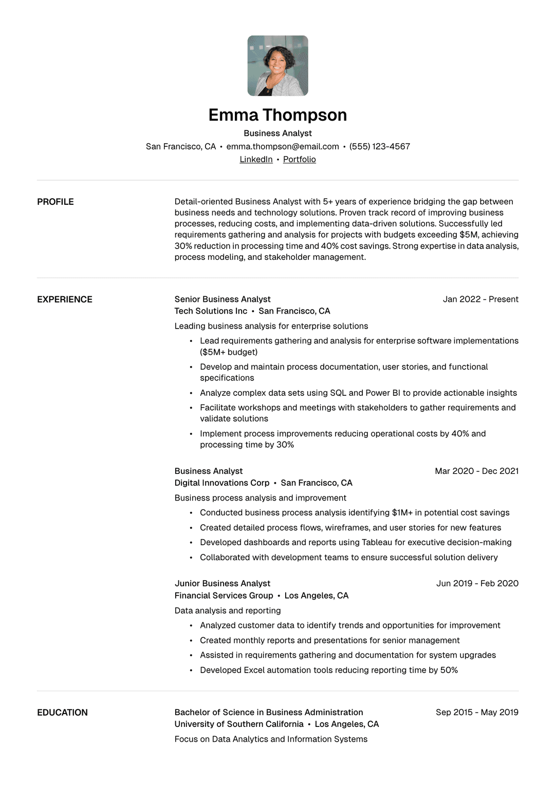 📊 Business Analyst Resume Template Example
