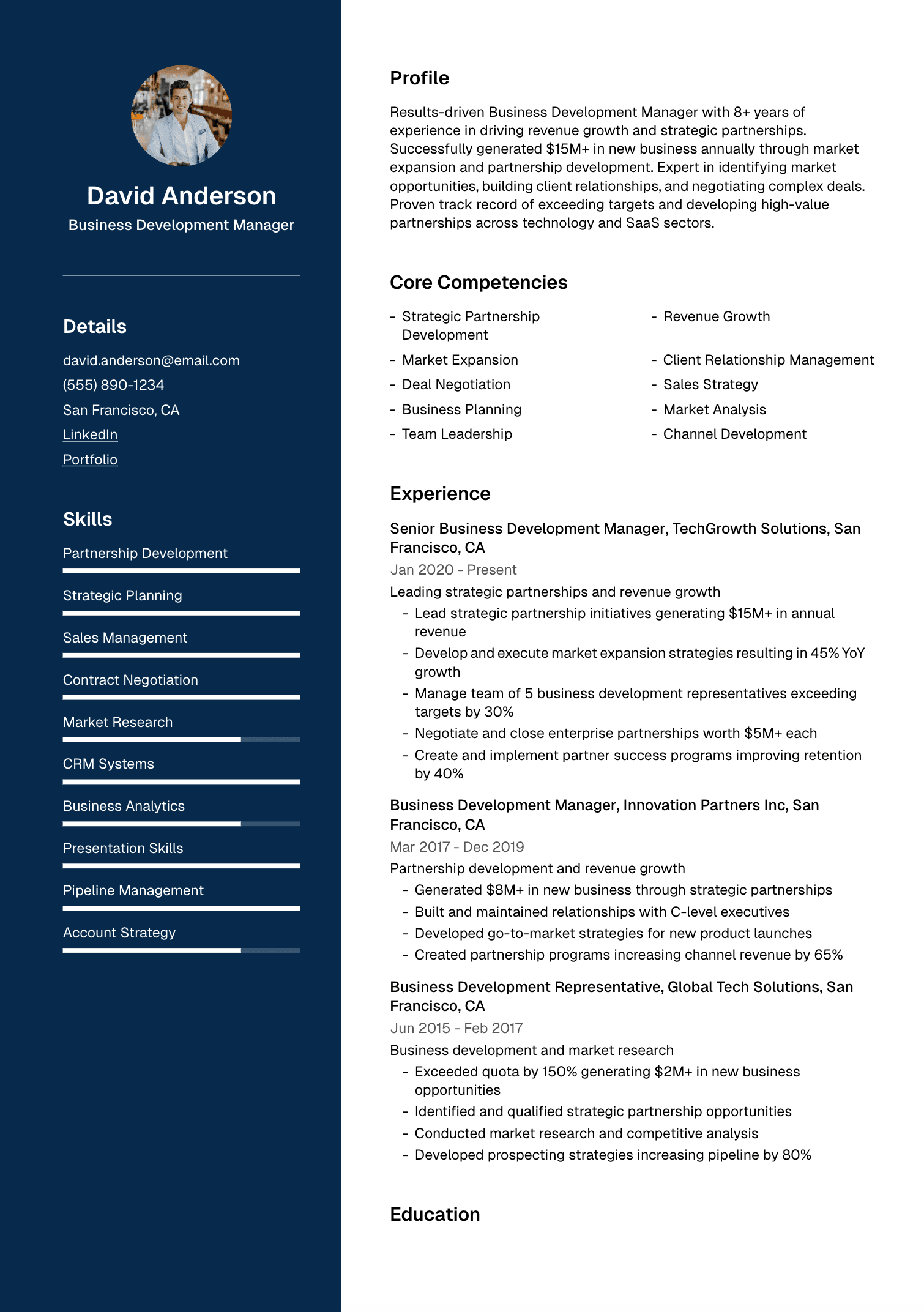 Business Development Manager resume example