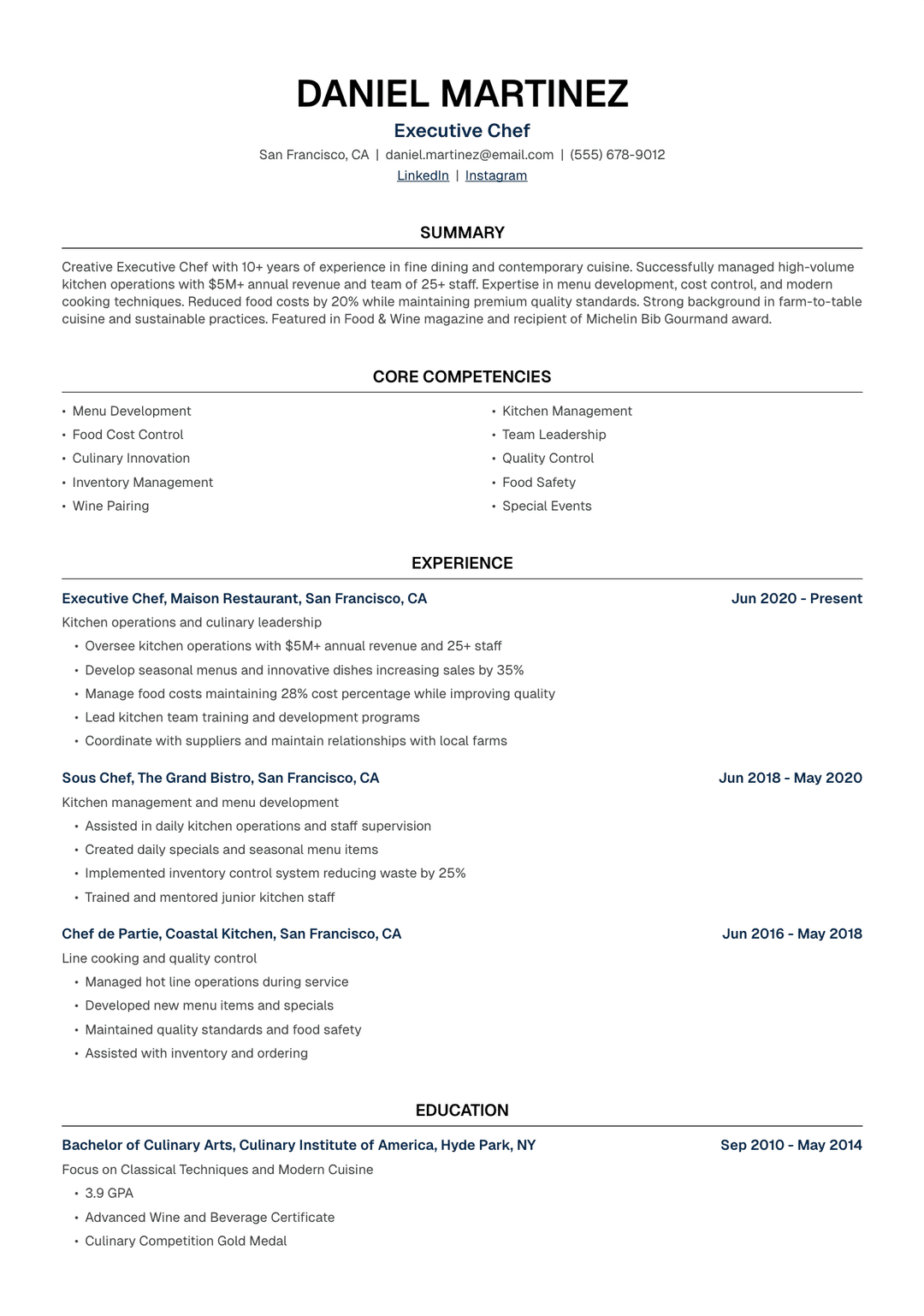 👨🍳 Chef Resume Template Example