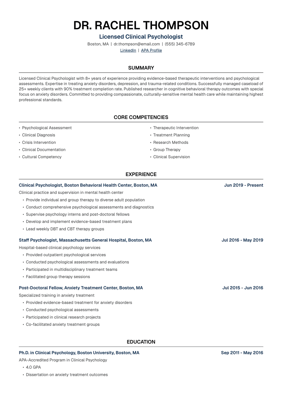 ๐ง Clinical Psychologist Resume Template Example