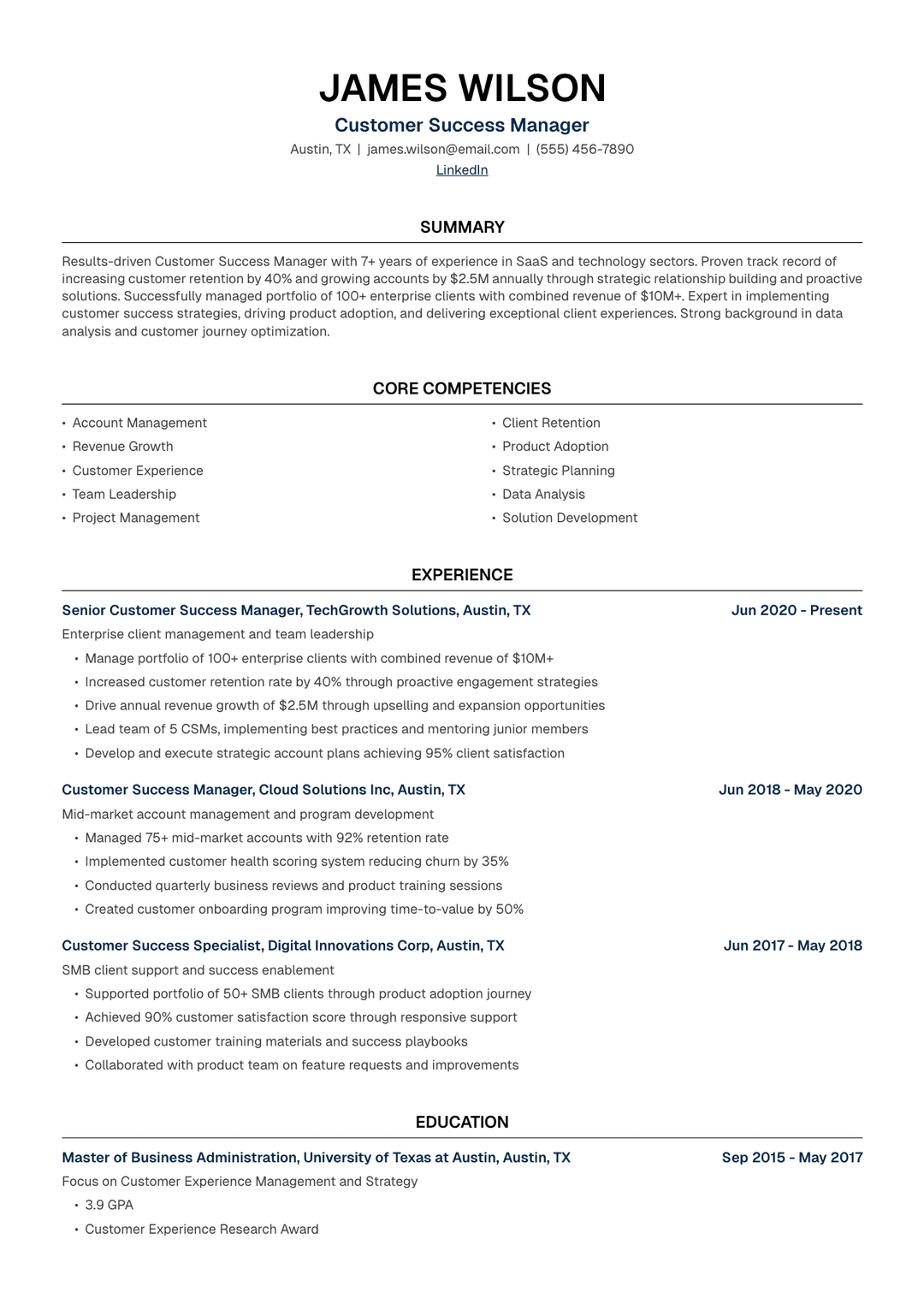 ๐ค Customer Success Manager Resume Template Example