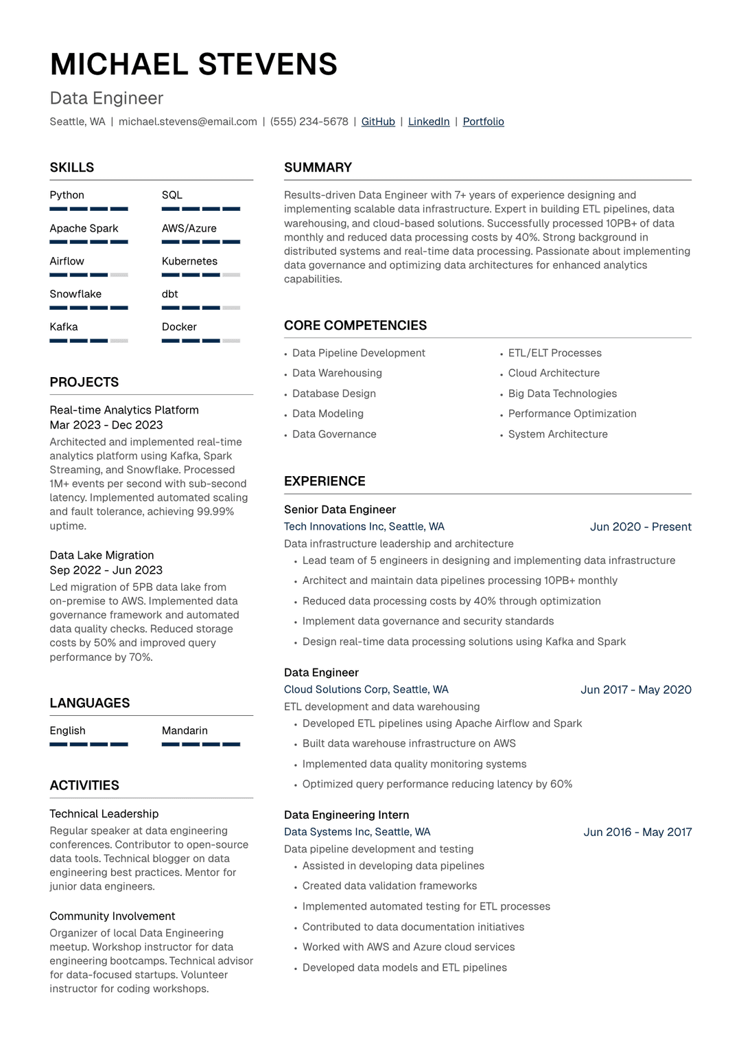 🔧 Data Engineer Resume Template Example