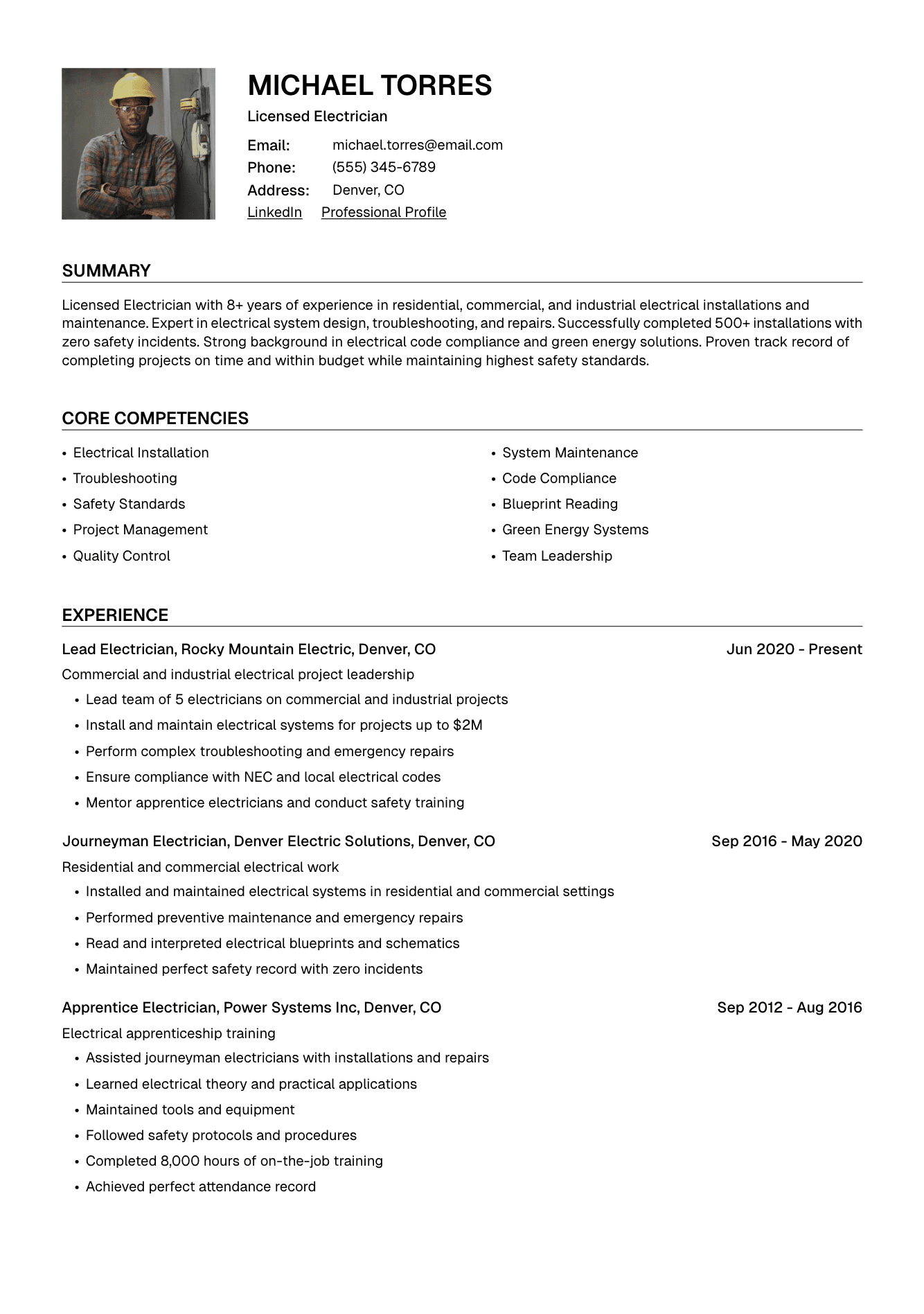 Electrician resume example