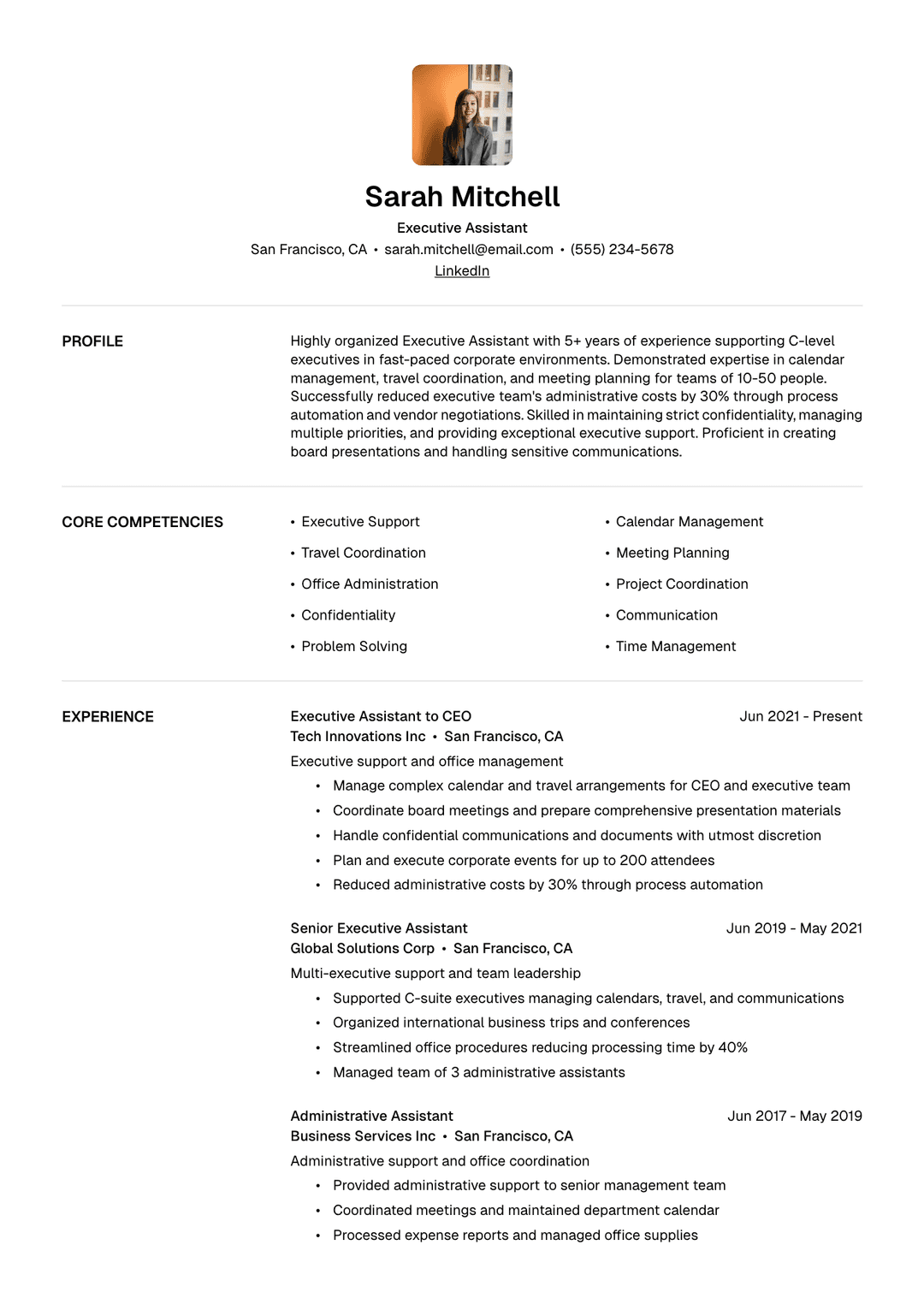 👔 Executive Assistant Resume Template Example