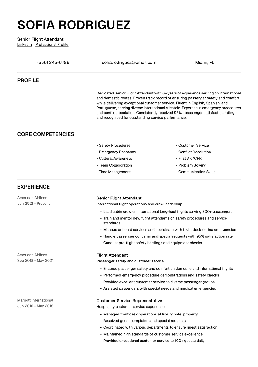 ✈️ Flight Attendant Resume Template Example