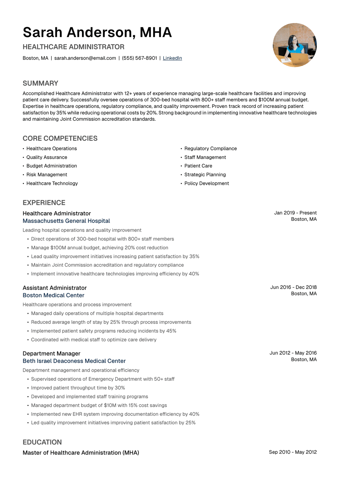 🏥 Healthcare Administrator Resume Template Example