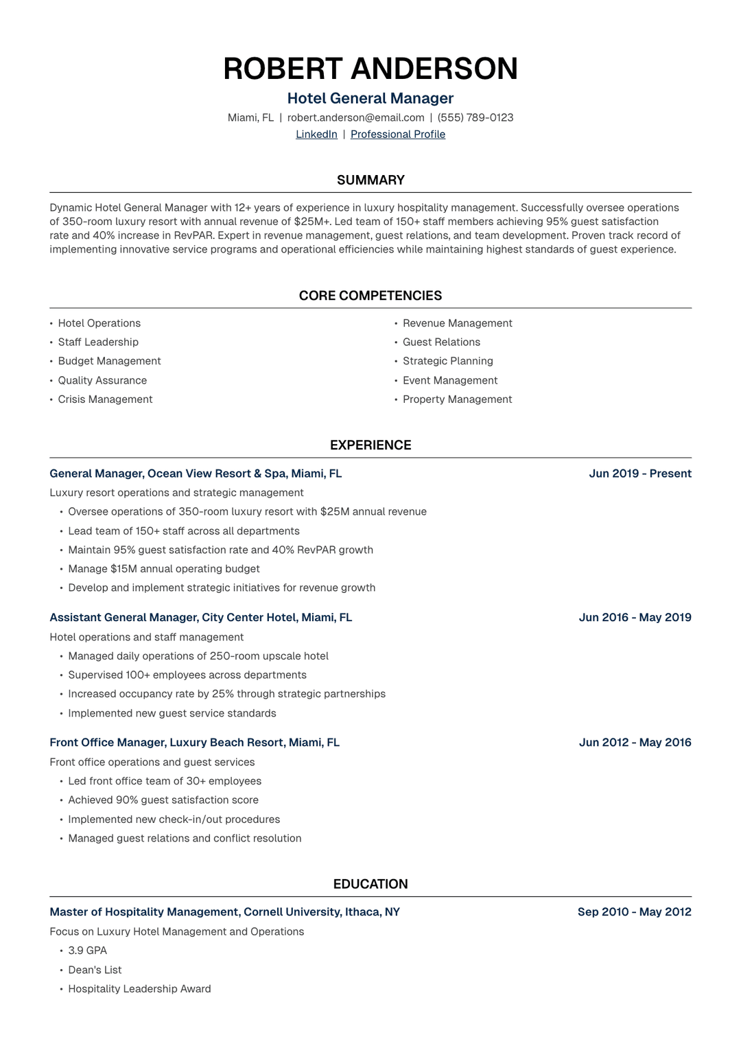 🏨 Hotel Manager Resume Template Example