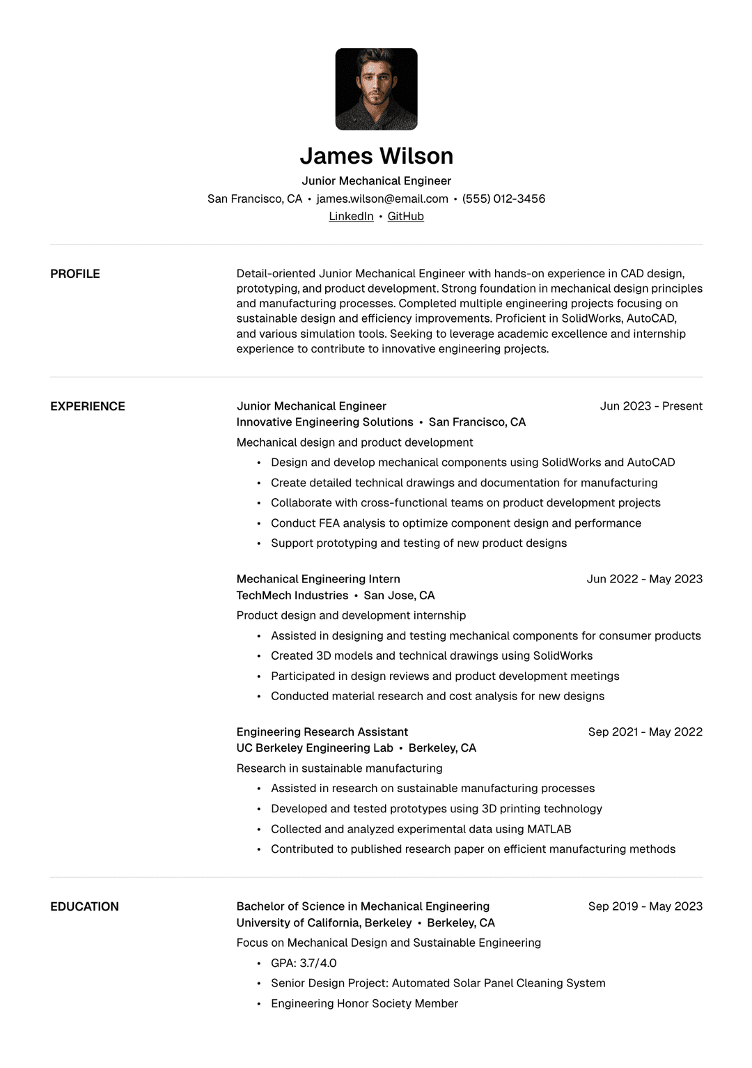 ⚙️ Mechanical Engineer Resume Template Example