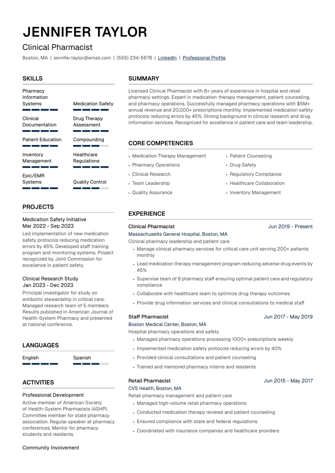 💊 Pharmacist Resume Template Example