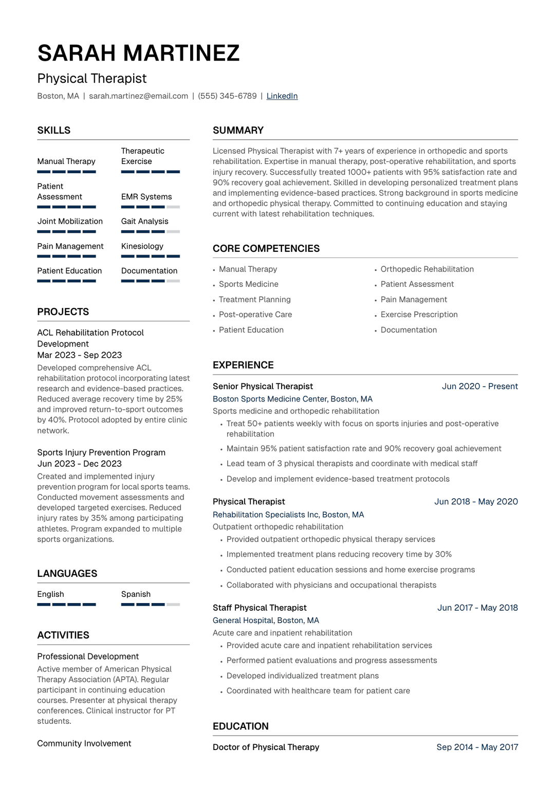 🏥 Physical Therapist Resume Template Example