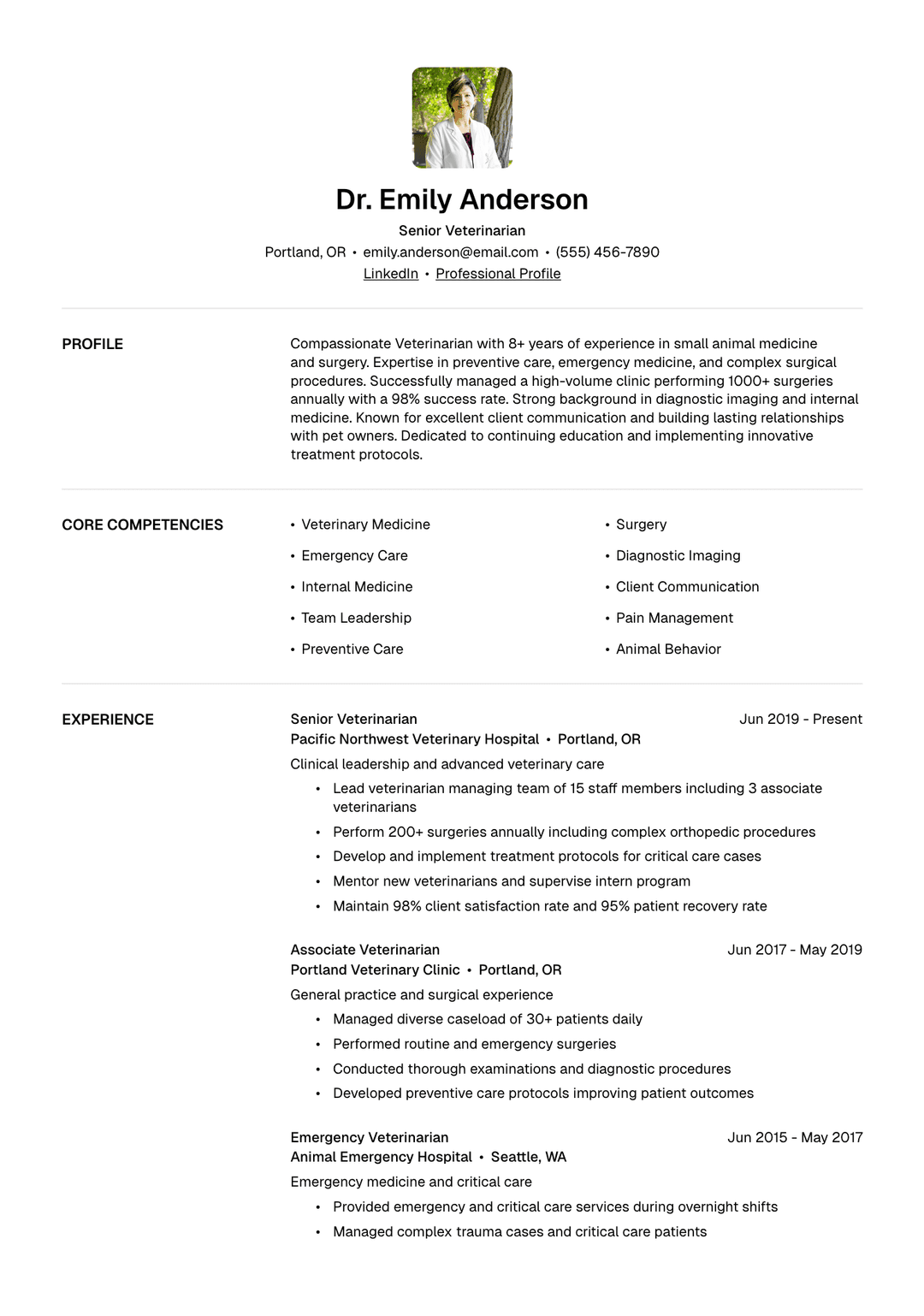 🐾 Veterinarian Resume Template Example