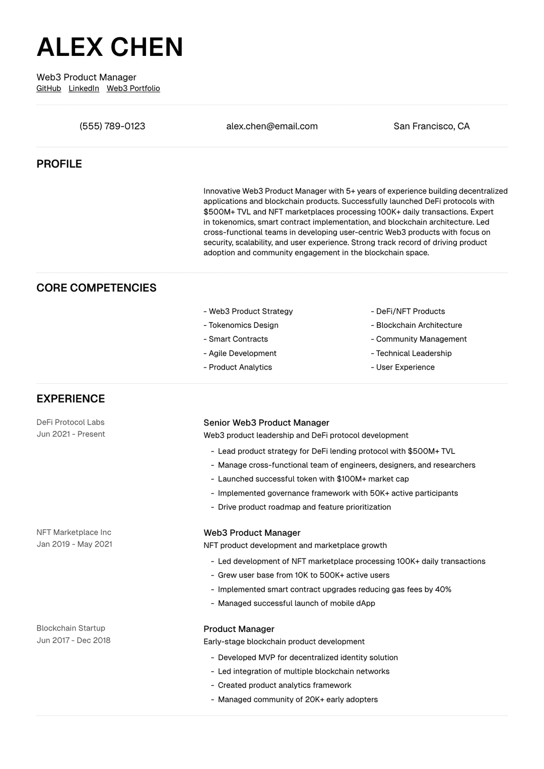🌐 Web3 Product Manager Resume Template Example