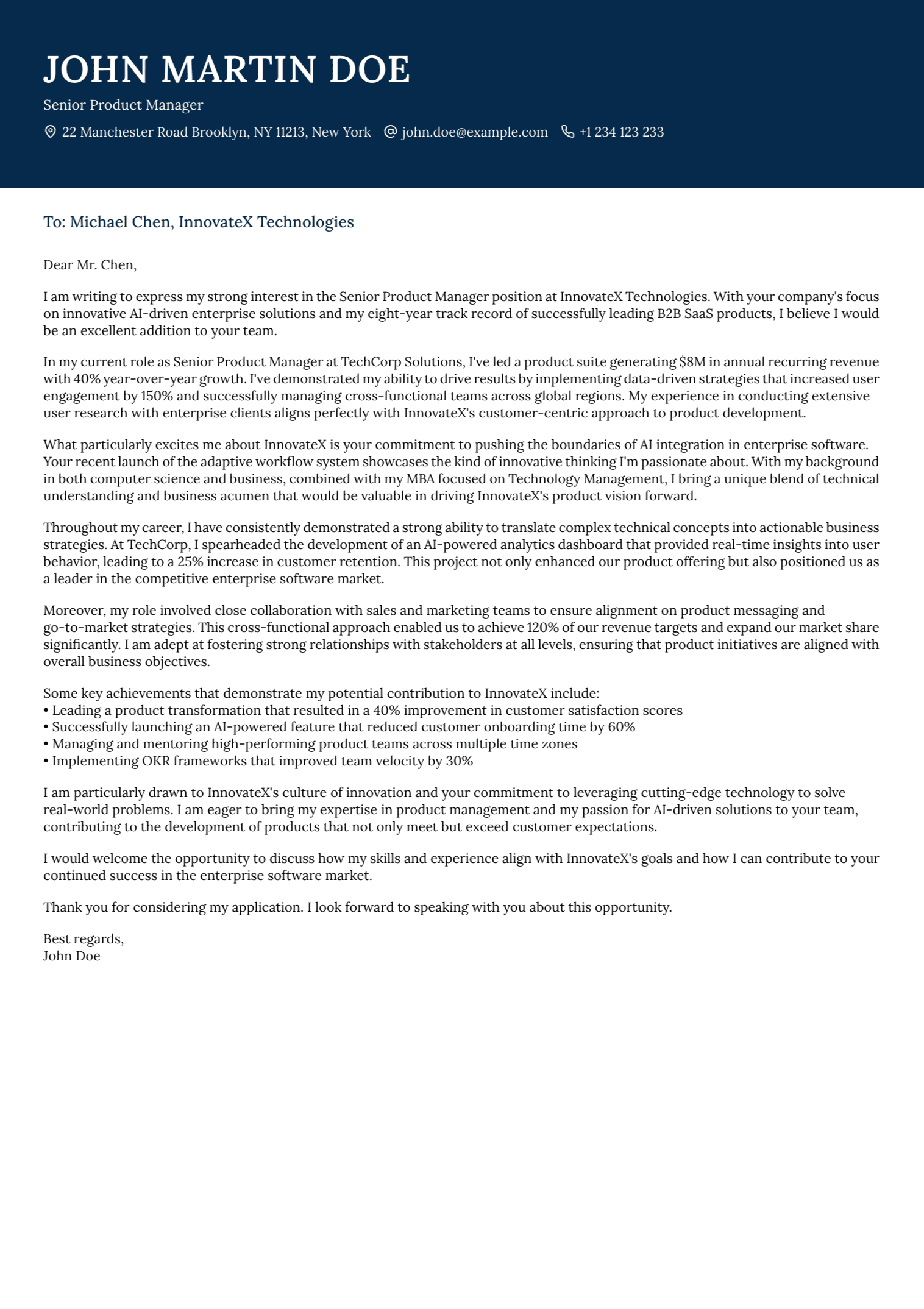 Zenith cover letter example