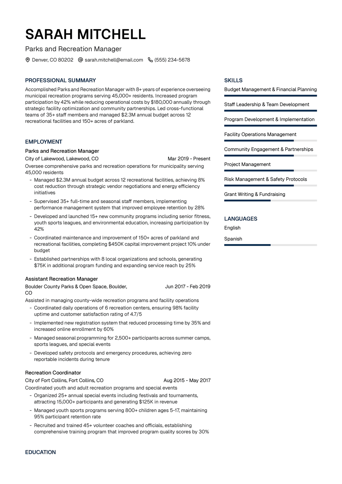 Parks and Recreation Manager