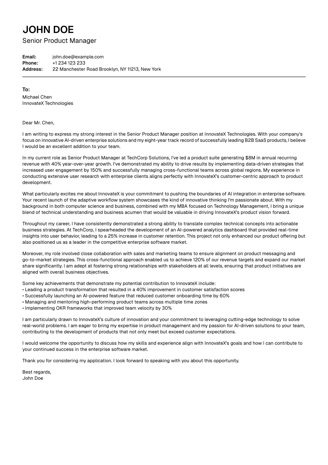 Classic cover letter example