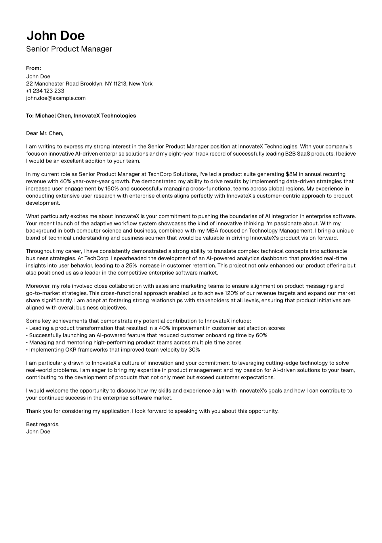 Clean cover letter example