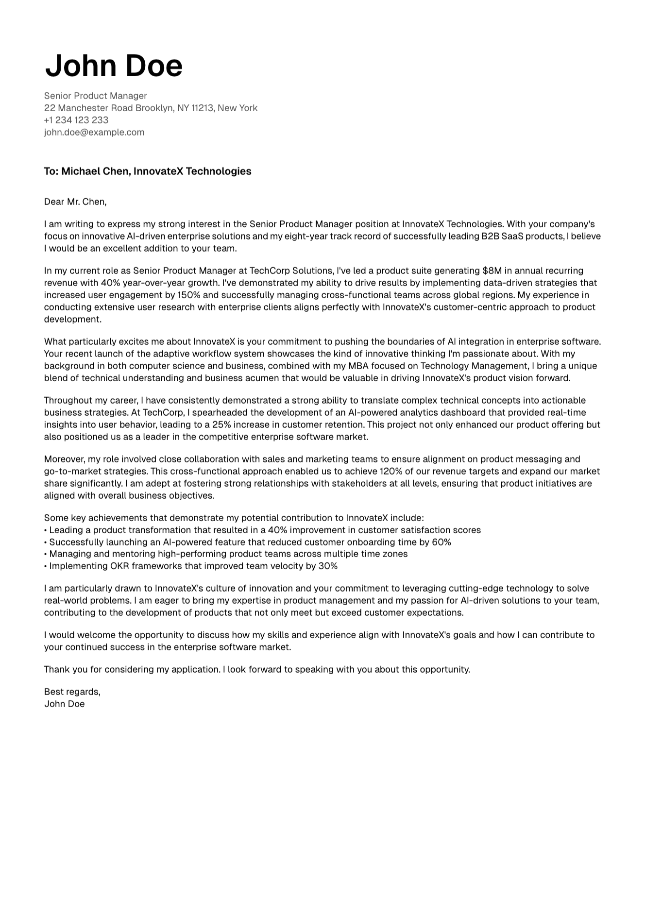 Modern Pro cover letter example