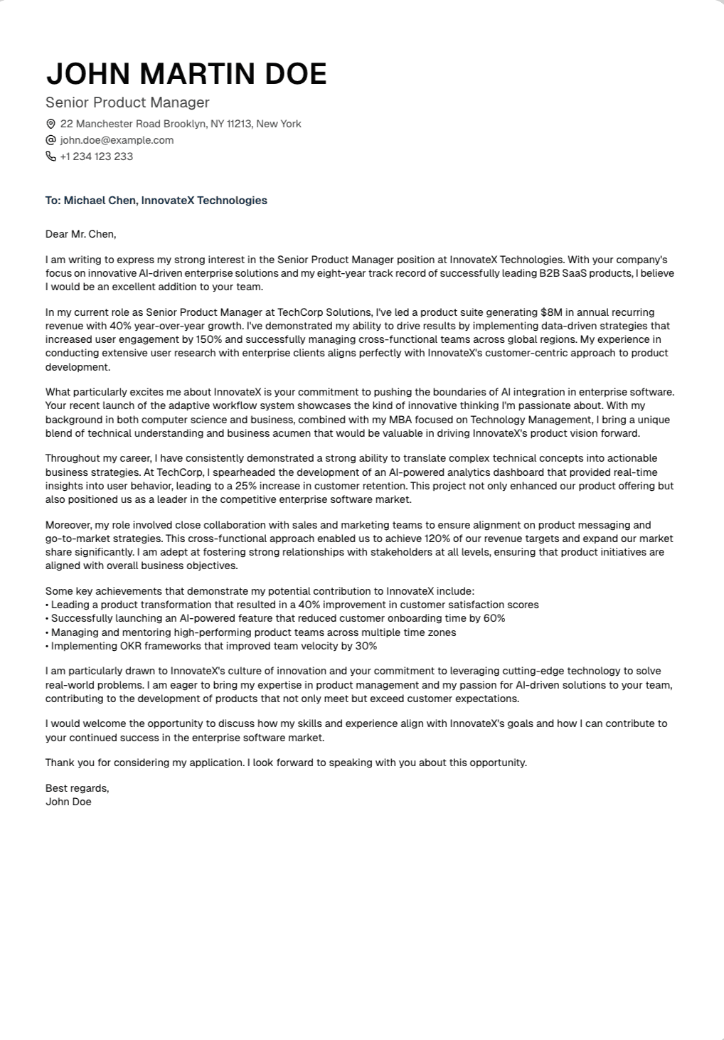 Prism cover letter example