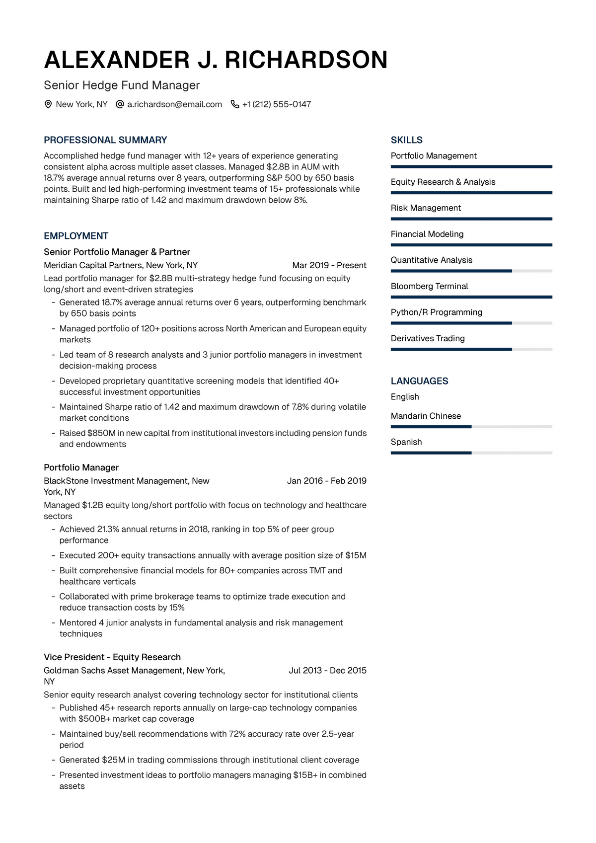 Fund Manager Cv Example Hedge Fund Manager Resume Example & Writing Guide | UseResume AI ...