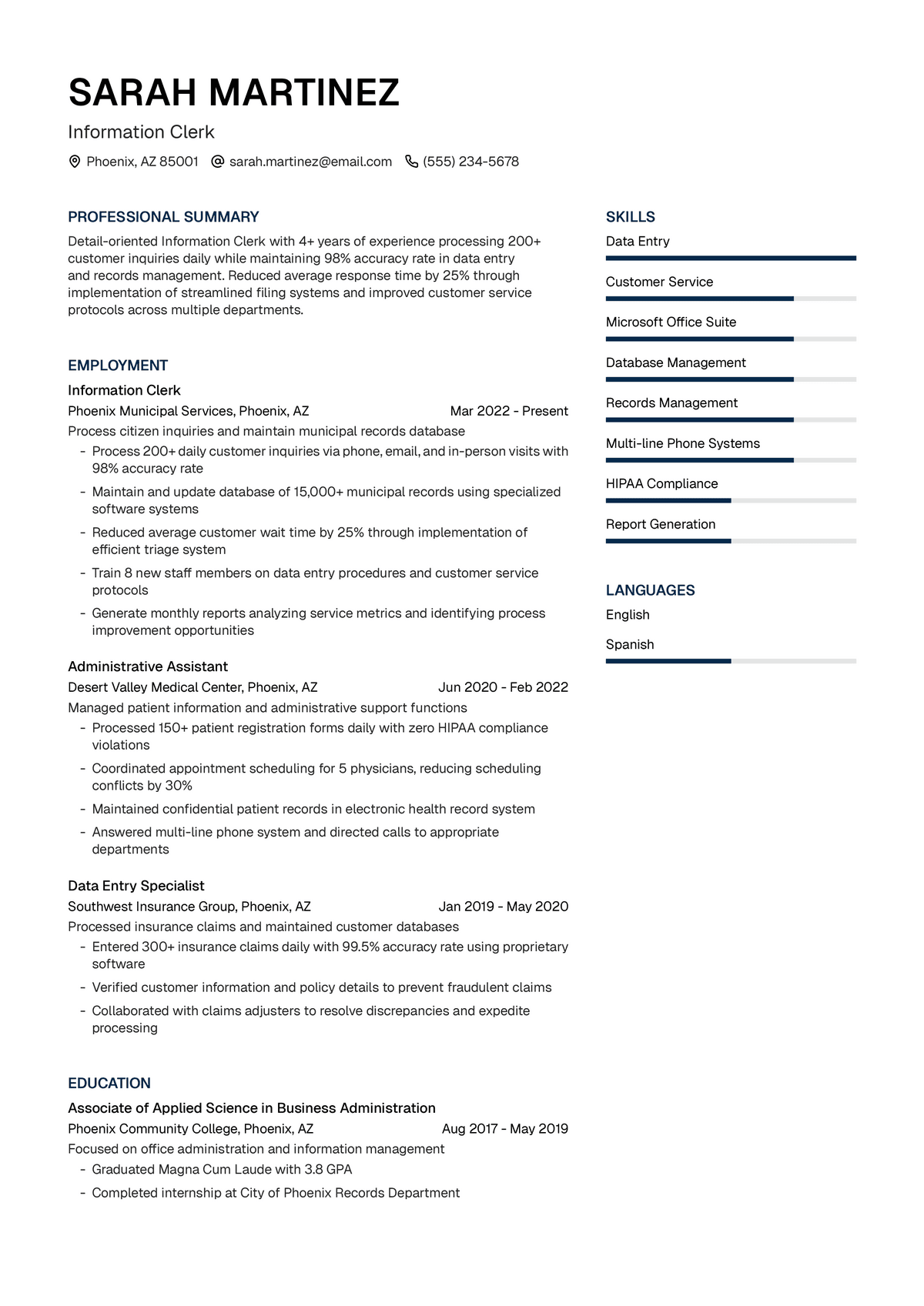 Information Clerk Resume Example & Writing Guide | UseResume AI ...